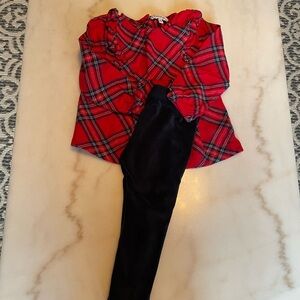 🍒2/$15 Red Plaid Ruffle-Trim Blouse and matching blue velvet leggings